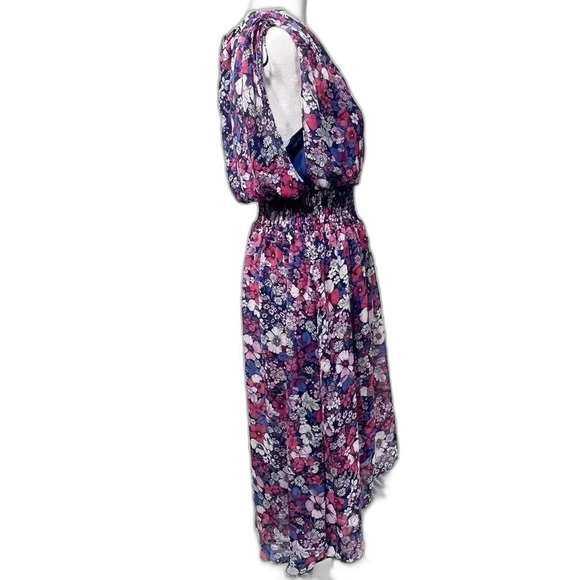 BCBG Paris Chiffon Blue Red Floral Tie Shoulder Sleeveless Midi Dress Size 12 14 - Picture 3 of 9